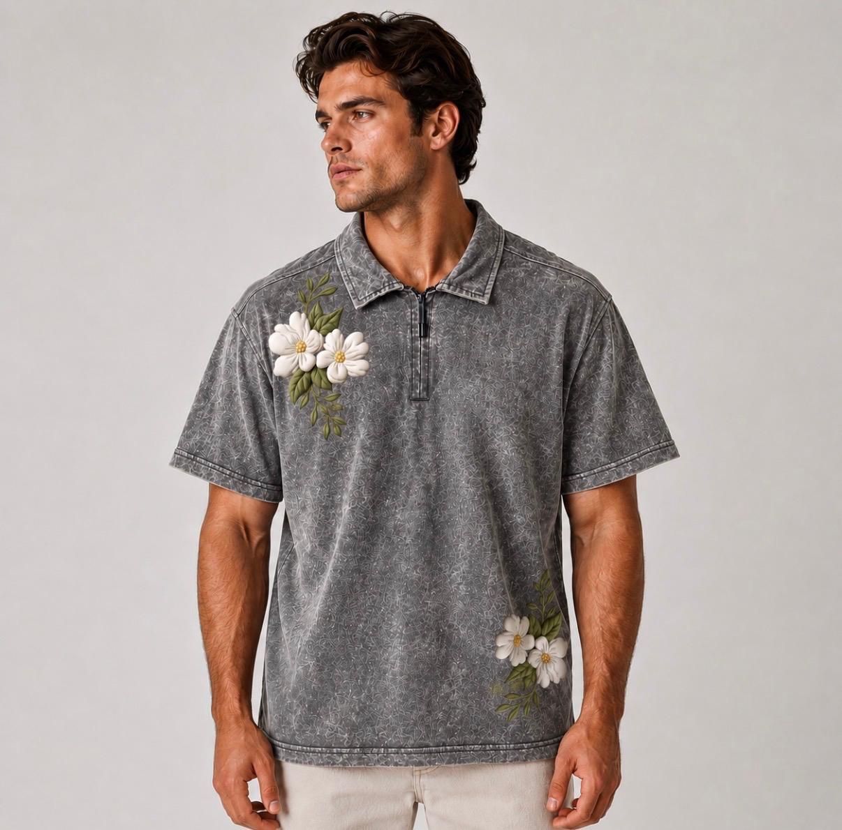 Floral Printed Polo Drop Shoulder - Grey