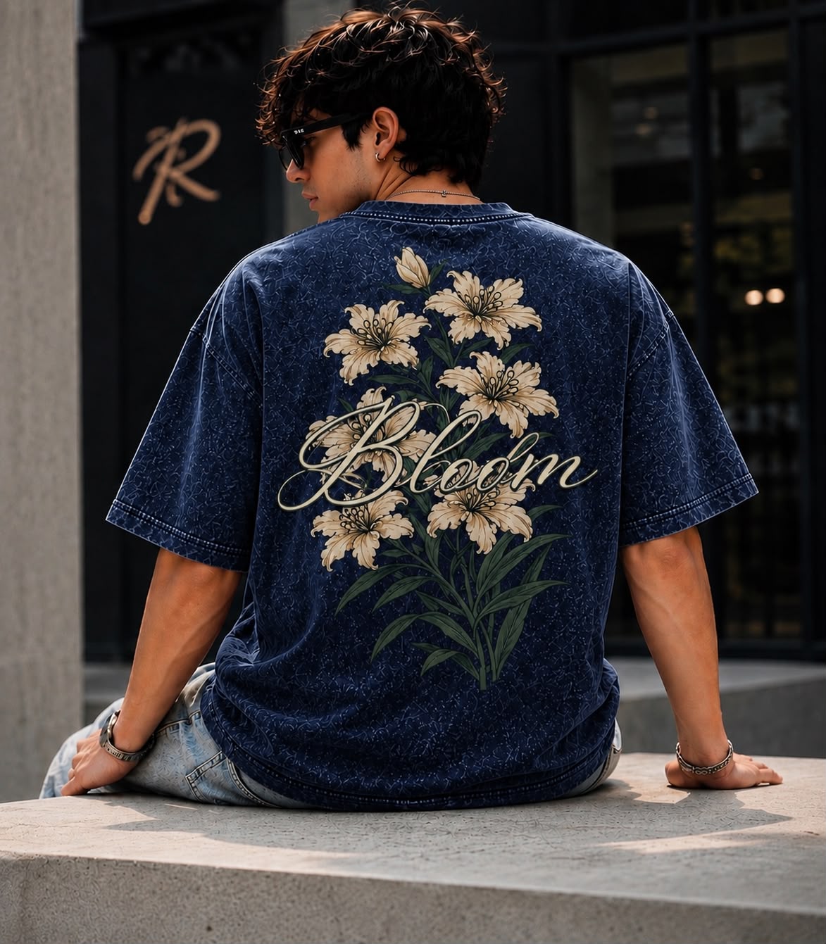 Bloom Printed Acid Wash - Navy
